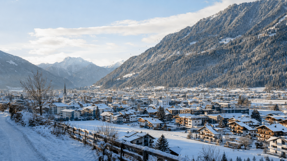 Besneeuwd Mayrhofen in het Zillertal in Tirol