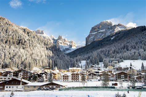 Snow-covered Canazei in Val di Fassa in the Dolomites